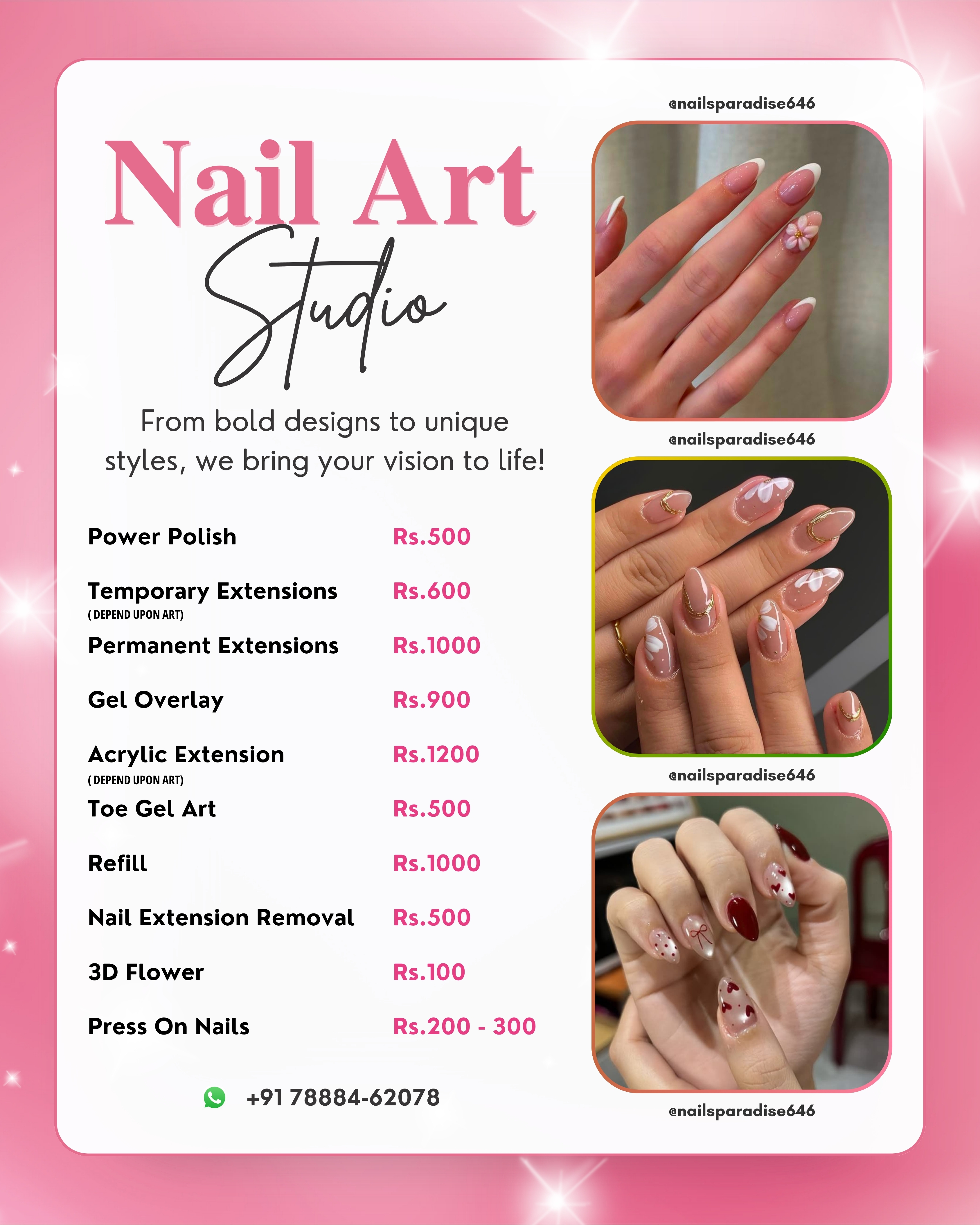 Nail art services and pricing at Nail's Paradise